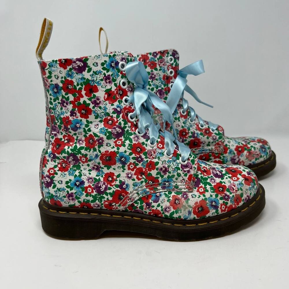 Dr. Marten Boots Women's Size 8 Blue Pascal Floral Print Ribbon Laces Combat - Picture 8 of 16